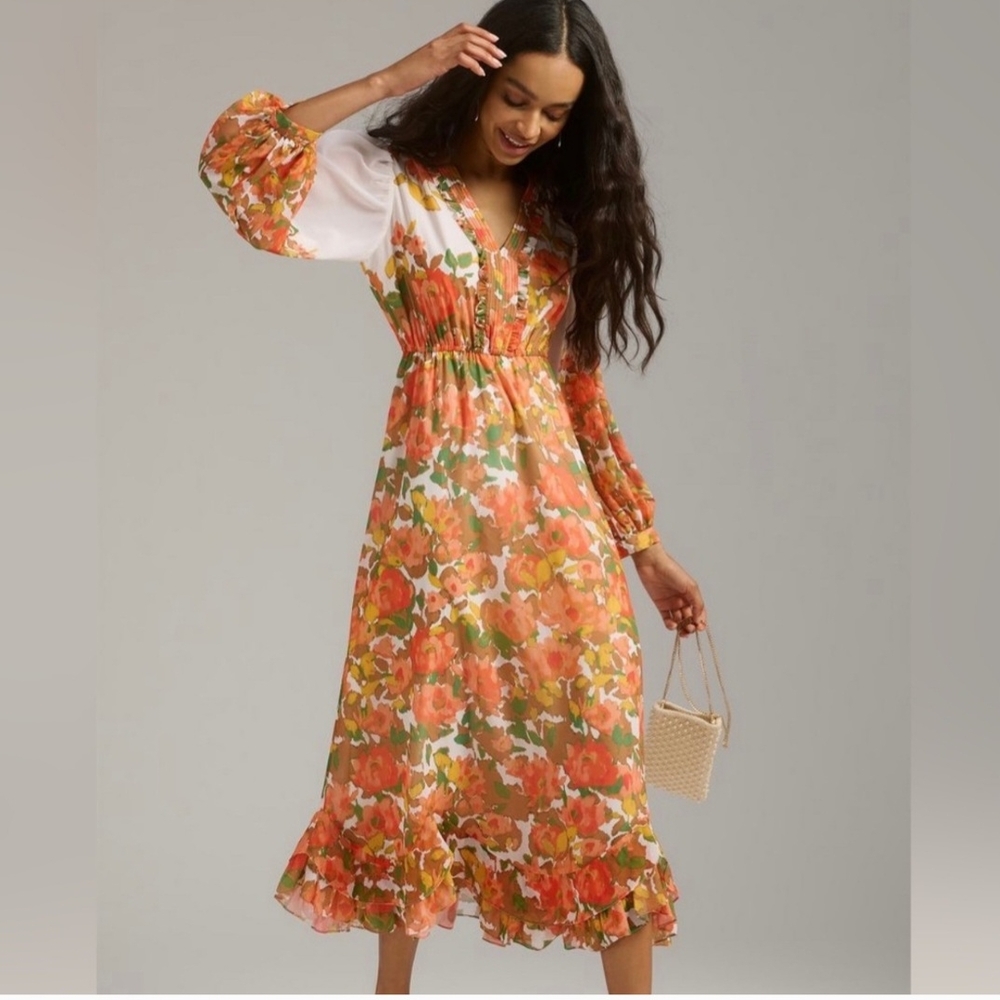 Orange and Pink Tiered Sundress with Bishop Sleeves Size M
